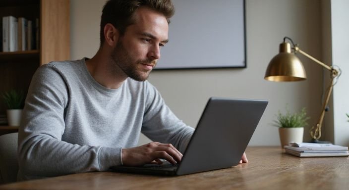 Ein Mann arbeitet konzentriert an seinem Laptop in einem Homeoffice und suche sexkontakte Nordrhein-Westfalen.