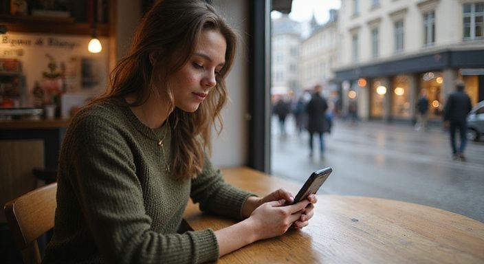 Eine Frau sitzt in einem Café und scrollt konzentriert auf ihrem Smartphone.