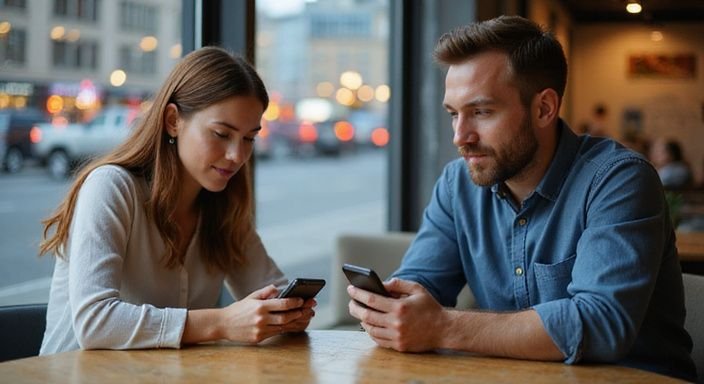 Ein Paar vergleicht Dating-Apps für Sex-Dates  in meiner region in einem modernen Café.