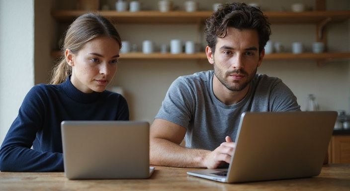 Zwei Personen erkunden vorsichtig Dating-Profile für Sex-Dates  in meiner region in einem Café.