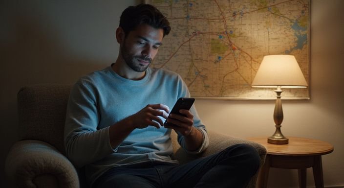 Eine entspannte Person sitzt mit einem Smartphone in einem gemütlichen Raum und suche Sex-Dates  in meiner region.