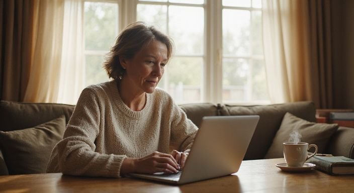 Eine nachdenkliche Frau in einem gemütlichen Wohnzimmer am Laptop.