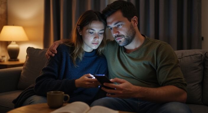 Ein Paar sitzt auf einem Sofa und betrachtet gemeinsam ein Smartphone.