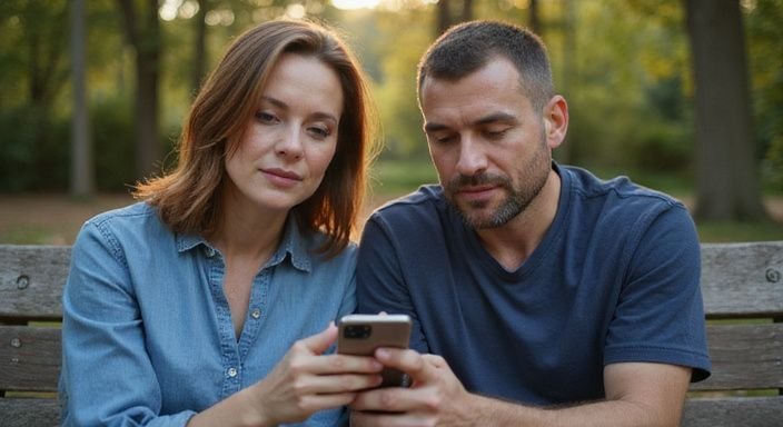 Ein Mann und eine Frau sitzen konzentriert auf einer Parkbank. Ein Mann und eine Frau sitzen konzentriert auf einer Parkbank.