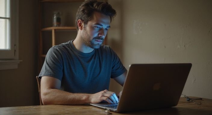 Ein Mann konzentriert sich am Schreibtisch auf seinen Laptop. Ein Mann konzentriert sich am Schreibtisch auf seinen Laptop.