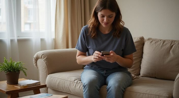 Eine entspannte Frau scrollt auf ihrem Smartphone in einem gemütlichen Wohnzimmer. Eine entspannte Frau scrollt auf ihrem Smartphone in einem gemütlichen Wohnzimmer.
