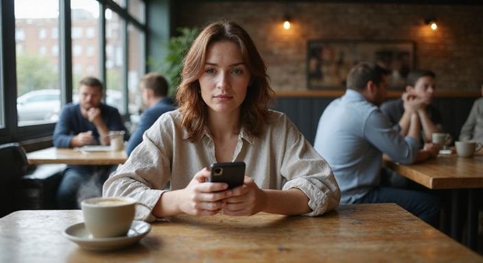 Eine Frau in einem Café betrachtet nachdenklich ihr Smartphone. Wie finde ich sichere zuverlassige sexdates? Eine Frau in einem Café betrachtet nachdenklich ihr Smartphone.