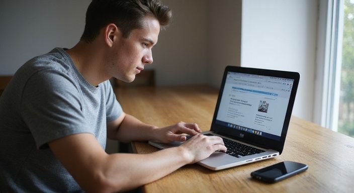 Junger Erwachsener arbeitet konzentriert an einem Laptop mit Dating-Webseiten. Junger Erwachsener arbeitet konzentriert an einem Laptop mit Dating-Webseiten.