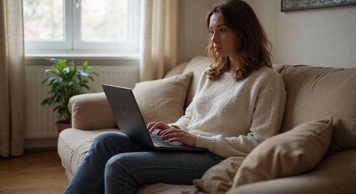 Eine Frau sitzt entspannt auf dem Sofa und nutzt ihren Laptop.