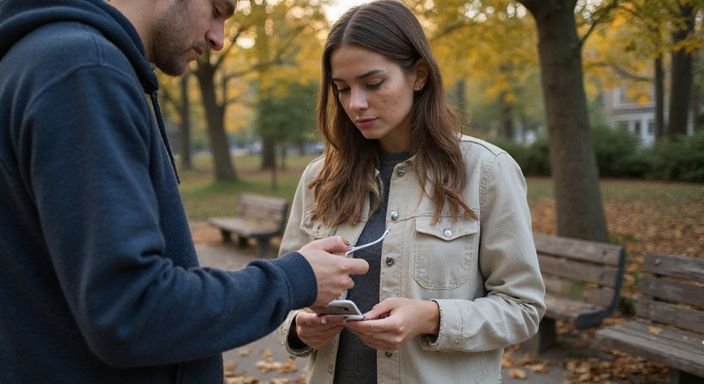 Zwei Personen tauschen vorsichtig ein Ladekabel in einem Park aus.