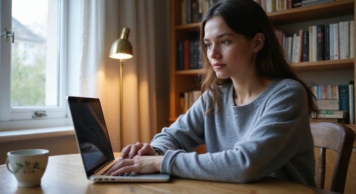 Eine Frau arbeitet konzentriert an ihrem Schreibtisch in einem Heimoffice und wollen sexkontakt in Brandenburg.