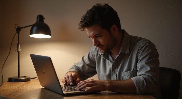 Eine Person sitzt am Schreibtisch und fokussiert auf den Laptop und suche sexkontakt in Brandenburg.