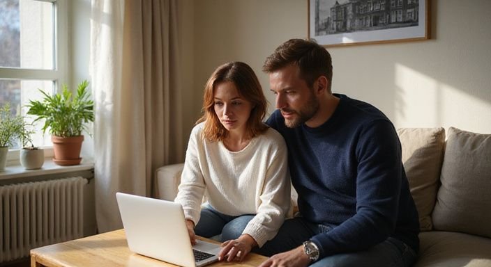 Ein Mann erstellt konzentriert ein Dating-Profil auf seinem Laptop. sexkontakt Bremen