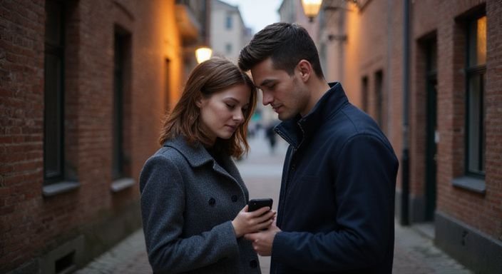 Paar in schmaler Gasse, mit Smartphone in inniger Zweisamkeit. Paar in schmaler Gasse, mit Smartphone in inniger Zweisamkeit.