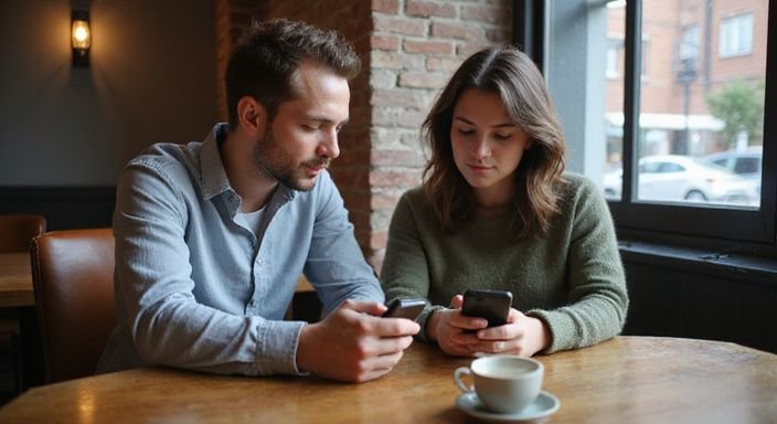 Zwei Personen sitzen in einem Café und nutzen ihre Smartphones. Zwei Personen sitzen in einem Café und nutzen ihre Smartphones.