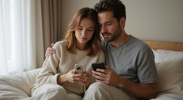 Ein Paar entspannt im Bett und nutzt ihre Smartphones. Ein Paar entspannt im Bett und nutzt ihre Smartphones und wollen sexkontakt in Bremen.