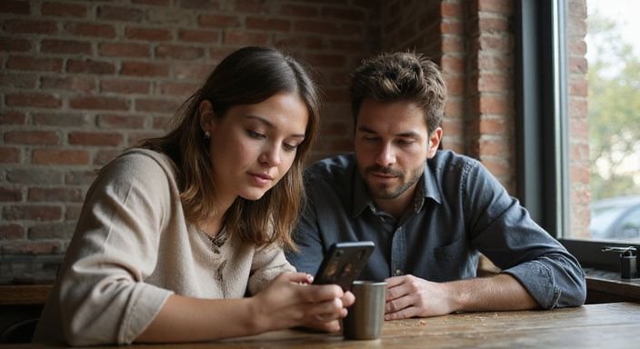 Ein Paar studiert gemeinsam ein Smartphone in einem Café. Ein Paar studiert gemeinsam ein Smartphone in einem Café und suche sexkontakt in Bremen.