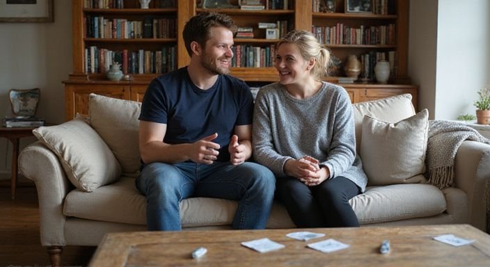 Ein Paar spricht entspannt über Dating-Plattformen auf einem Sofa. Ein Paar spricht entspannt über Dating-Plattformen auf einem Sofa.