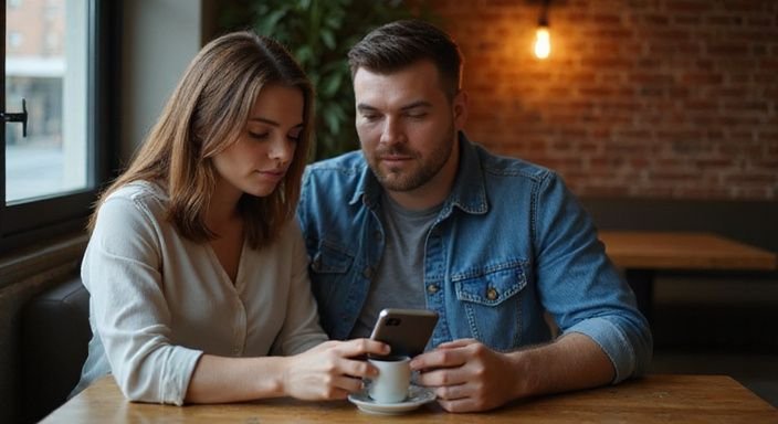 Ein Paar plant leise ihr nächstes Treffen in einem Café. Ein Paar plant leise ihr nächstes Treffen in einem Café.