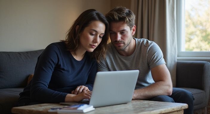 Ein Paar sitzt entspannt auf einem Sofa und betrachtet einen Laptop. Ein Paar sitzt entspannt auf einem Sofa und suche sexkontakt in Bremen.
