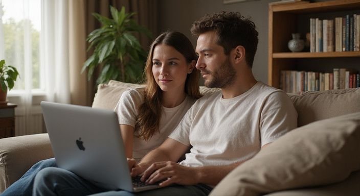 Ein junges Paar sitzt entspannt auf einem Sofa und nutzt einen Laptop. Ein junges Paar sitzt entspannt auf einem Sofa und nutzt einen Laptop.