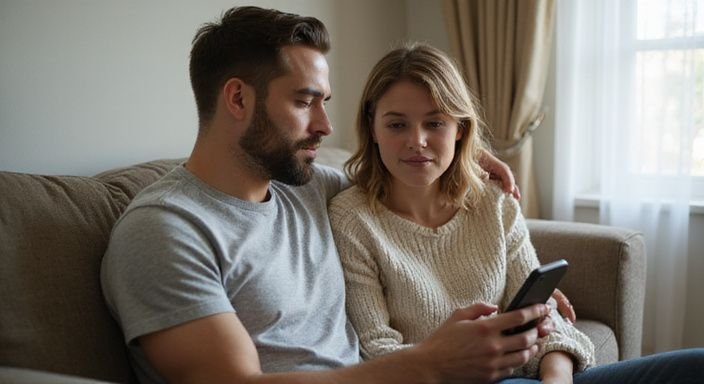 Ein Paar sitzt auf der Couch und kommuniziert entspannt. Ein Paar sitzt auf der Couch und kommuniziert über sexkontakt in Bremen.