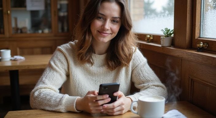 Eine Frau in einem Café lächelt beim Chatten auf ihrem Smartphone. Eine Frau in einem Café lächelt beim Chatten auf ihrem Smartphone.