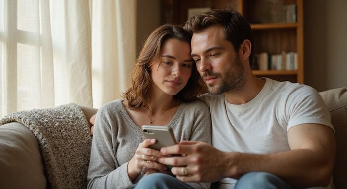Ein Paar sitzt entspannt auf einer Couch und betrachtet ein Smartphone.