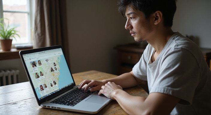 Eine Person in einer entspannten Haltung arbeitet am Laptop.