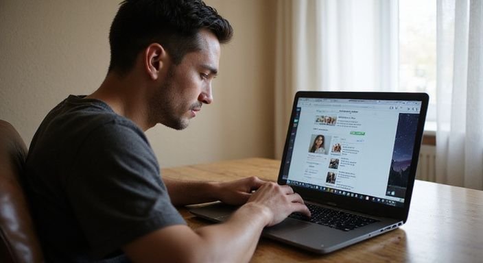 Eine Person sitzt am Schreibtisch und suche auf den Laptop nach sexkontakt in Mecklenburg- Vorpommern.