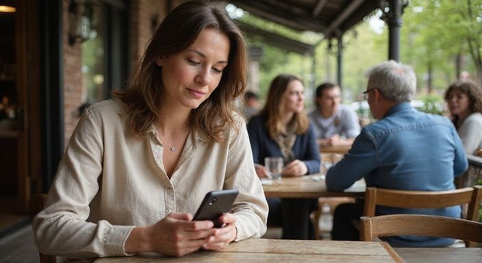 Eine mittelalte Frau sitzt allein an einem Café-Tisch und wollen Sexkontakt Saarland.