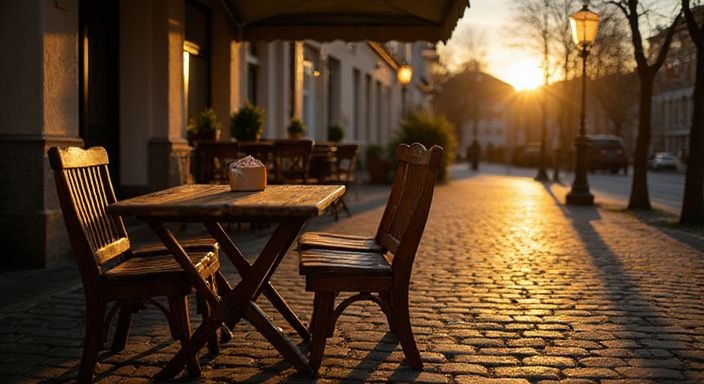 Ein gemütliches Café in Saarbrücken mit rustikalem Mobiliar und Brief.