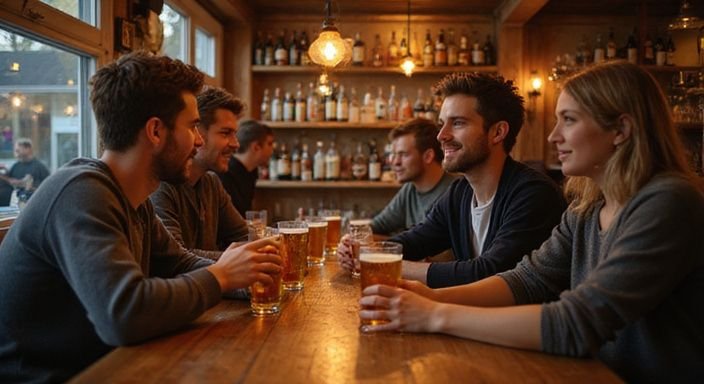 Junge Erwachsene genießen gesellige Gespräche über Sexkontakt Saarland an einer Bar in Neunkirchen.