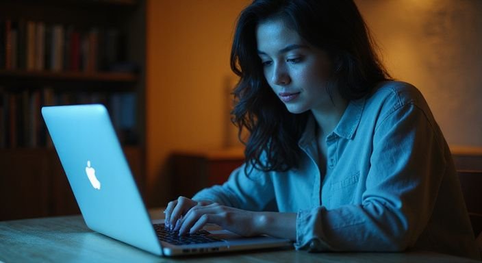Eine junge Frau sitzt konzentriert an einem Schreibtisch vor ihrem Laptop.
