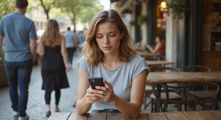 Eine junge Frau sitzt allein, nervös auf ihr Smartphone blickend und suche Sexkontakt Saarland.