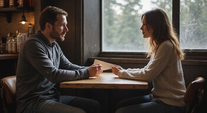 Ein Paar tauscht einen Brief in einer gemütlichen Bar aus.