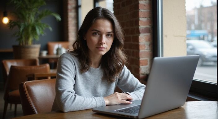Eine junge Frau arbeitet konzentriert an ihrem Laptop in einem Café und wollen sexkontakt in Sachsen.