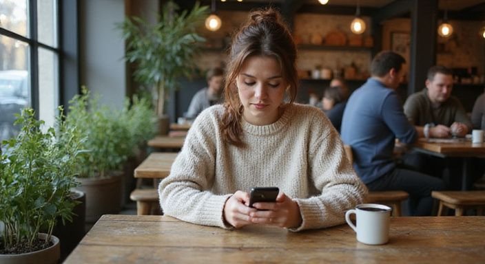 Eine Frau sitzt entspannt in einem Café und nutzt ihr Smartphone.