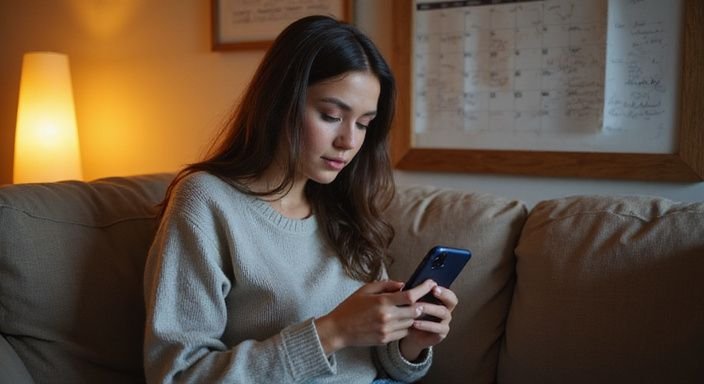 Eine junge Frau sitzt entspannt auf einem Sofa und benutzt ihr Smartphone.