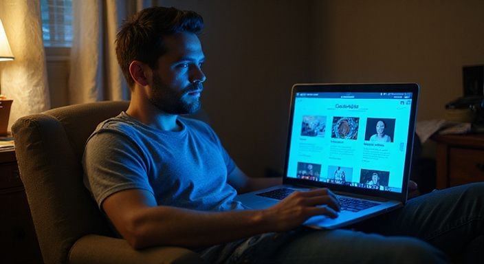 Eine Person sitzt nachdenklich in einem alten Sessel mit Laptop.