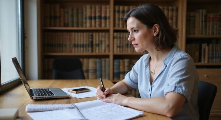 Eine konzentrierte Frau arbeitet an rechtlichen Dokumenten über Prostitution.