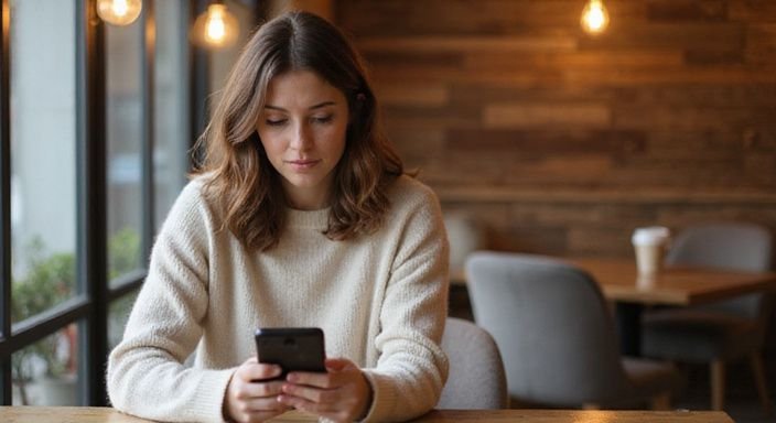 Eine Frau in einem Café konzentriert sich auf ihr Smartphone und suche sexkontakt in Sachsen.