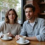 Ein junges Paar sitzt lächelnd in einem Café und genießt gemeinsam Kaffee
