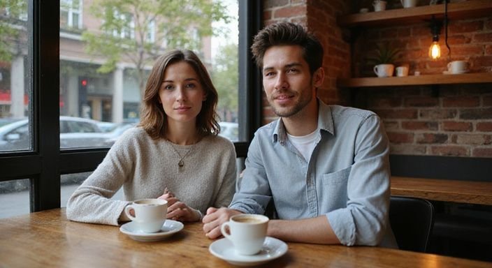 Ein junges Paar sitzt lächelnd in einem Café und genießt gemeinsam Kaffee.