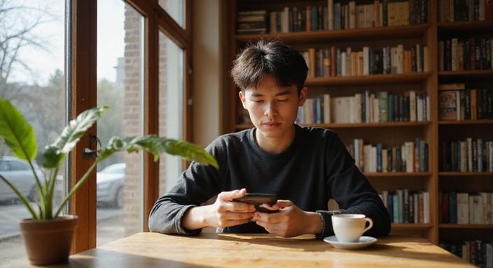 Eine junge Person sitzt entspannt mit einem Smartphone in einem Café und suche sexkontakt in Sachsen.